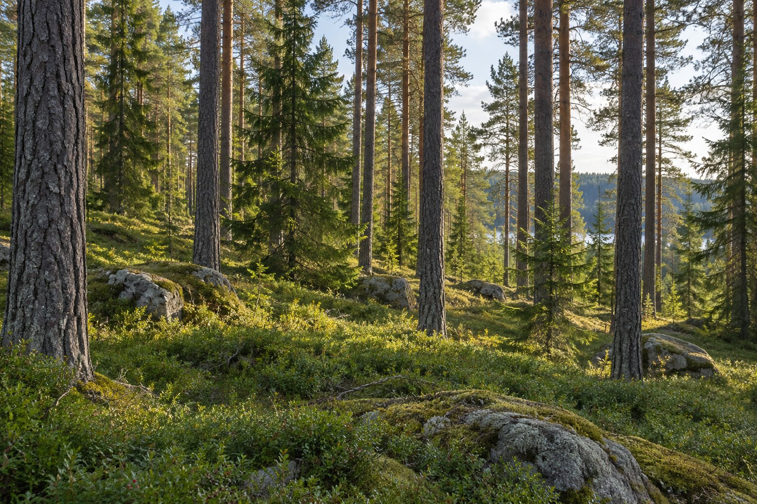 Tallskog med mossig mark och ljus mellan stammarna